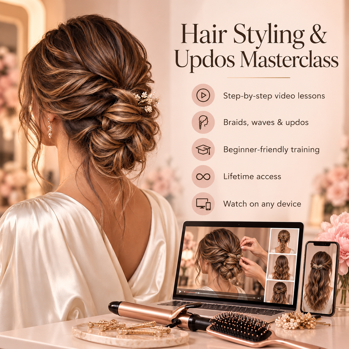 Hair Styling: Waves, Braids & Updos — course topics and recorded video lesson details